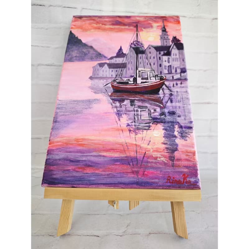 海邊舊城區日落風景畫原創牆畫 作者 RinaArtSK