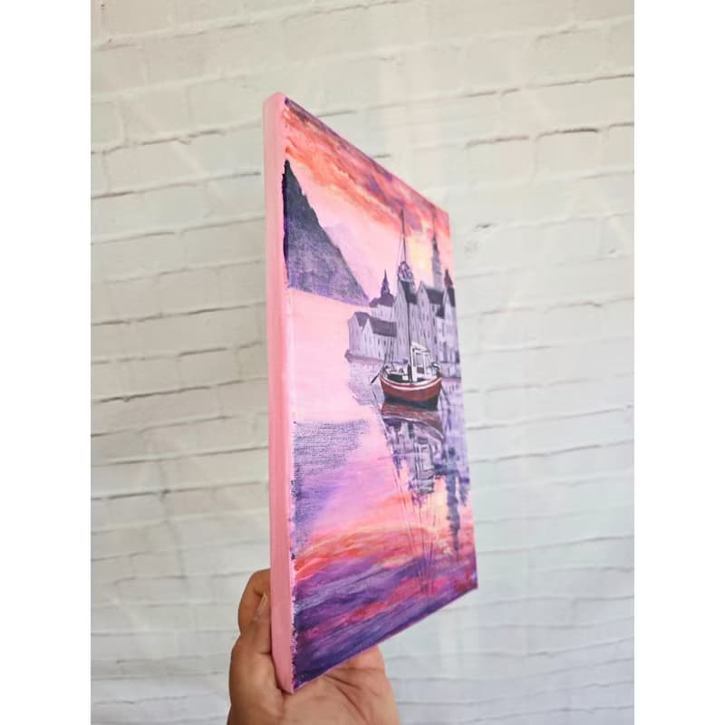 海邊舊城區日落風景畫原創牆畫 作者 RinaArtSK