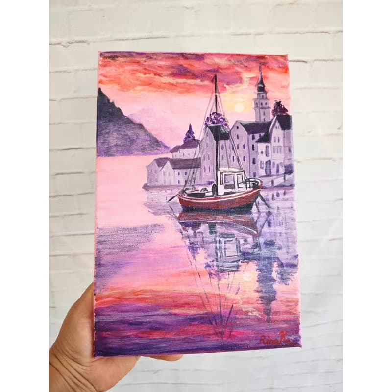 海邊舊城區日落風景畫原創牆畫 作者 RinaArtSK