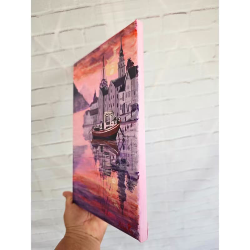 海邊舊城區日落風景畫原創牆畫 作者 RinaArtSK