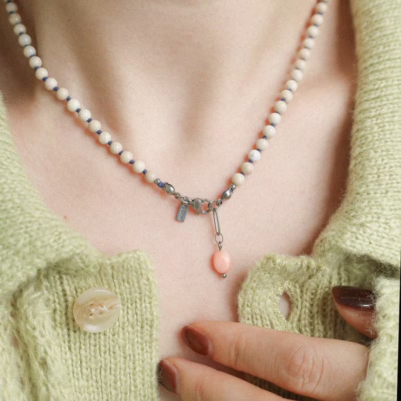 Blue Rosebud / Beige Gemstone surgical steel necklace