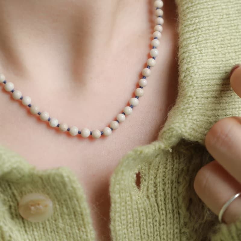 Blue Rosebud / Beige Gemstone surgical steel necklace