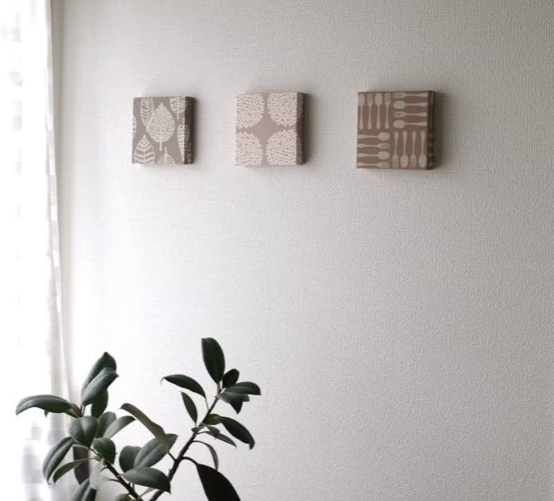 12x12cm ファブリックパネル  3点セット グレージュ【フラワーサークル+カトラリー+ラインリーフ】