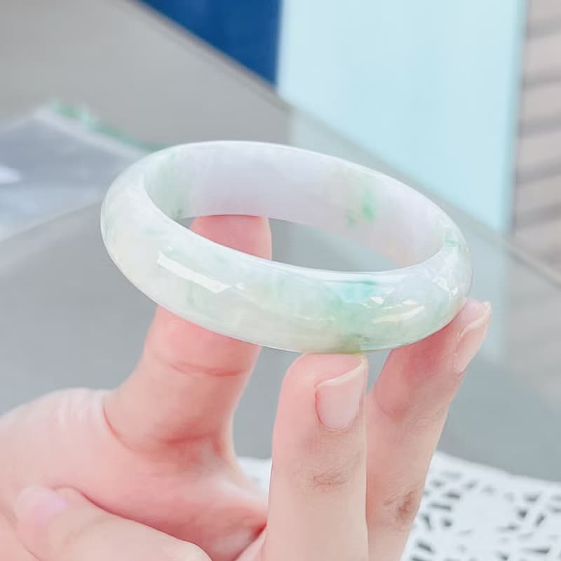 飄綠花三彩翡翠手鐲 | 14圍 | 天然緬甸玉A貨翡翠 | 送禮