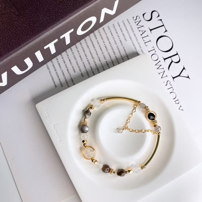 雪絨 雪花幽靈 黑金骨幹 月光石 黑曜石 灰月光 彈性水晶礦石手鍊