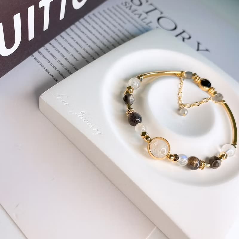 雪絨 雪花幽靈 黑金骨幹 月光石 黑曜石 灰月光 彈性水晶礦石手鍊