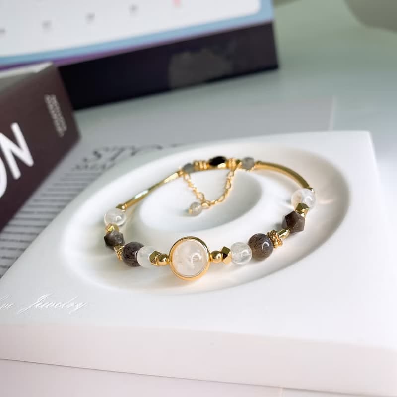 雪絨 雪花幽靈 黑金骨幹 月光石 黑曜石 灰月光 彈性水晶礦石手鍊