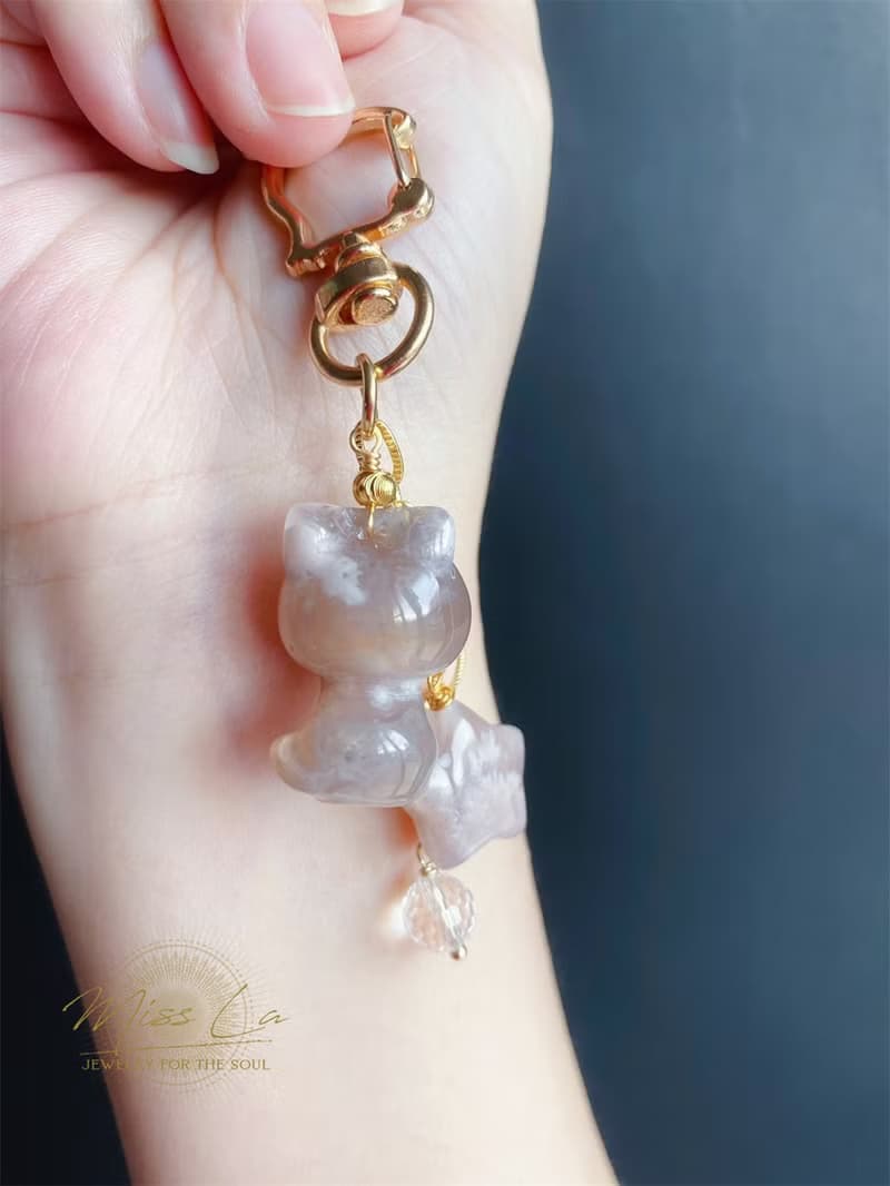 櫻花瑪瑙 豆沙紅 貓 星星 萌 鑰匙圈 吊墜 閨密 天然石