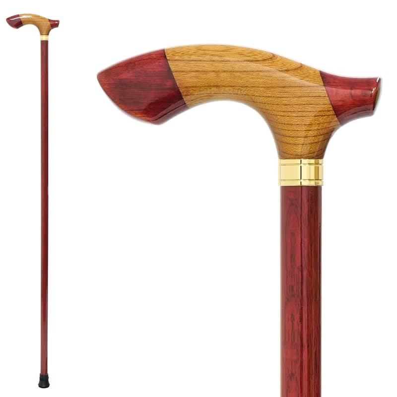 組木手元ステッキ 樫/欅/樫 レッド Red 天然木製一本杖
