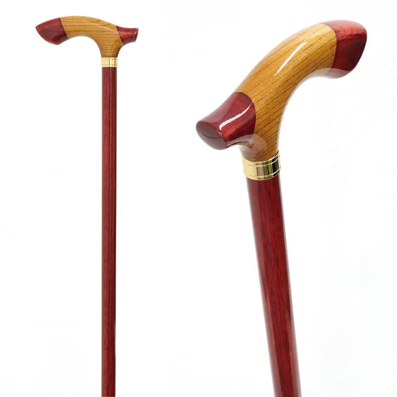 組木手元ステッキ 樫/欅/樫 レッド Red 天然木製一本杖