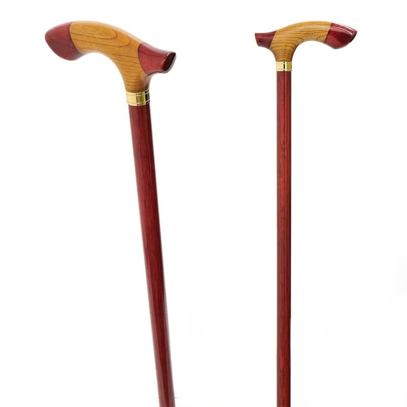 組木手元ステッキ 樫/欅/樫 レッド Red 天然木製一本杖