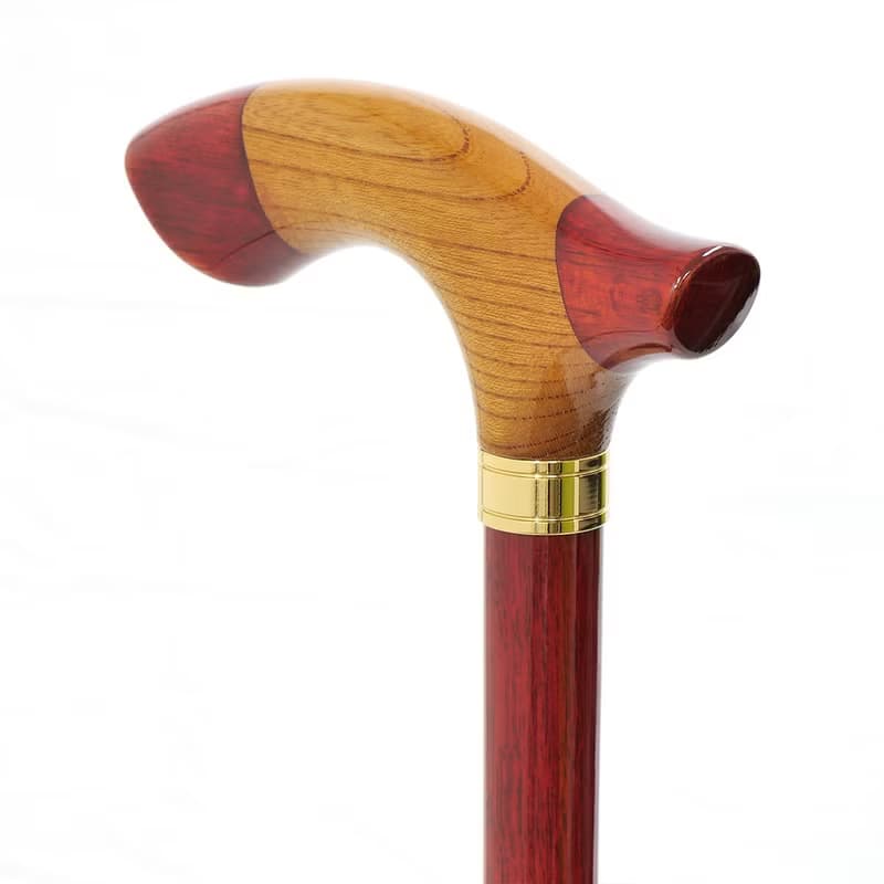 組木手元ステッキ 樫/欅/樫 レッド Red 天然木製一本杖