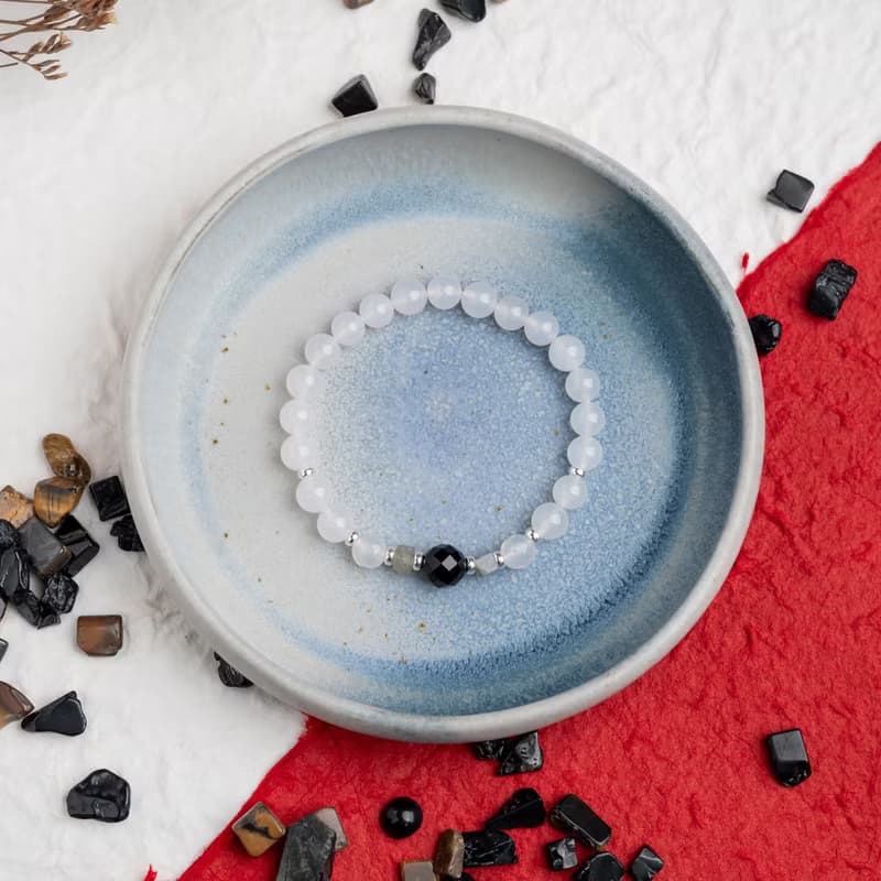 瑪瑙系列 8mm白瑪瑙拉長石黑瑪瑙單層手串