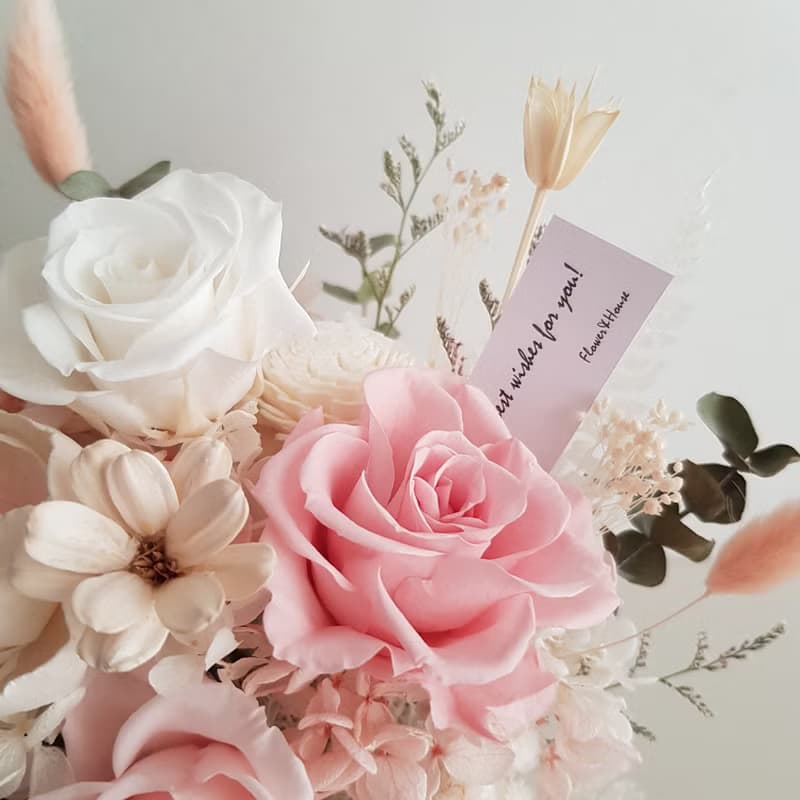 永生花+乾燥花|輕柔淡粉永生玫瑰乾燥盆花|萬用祝賀 生日 喬遷