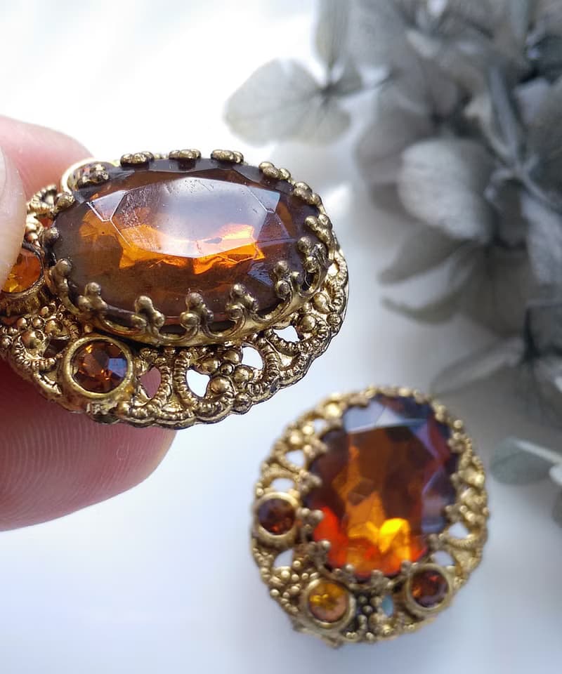 Vintage Jewelry 西洋古董飾品 西德製 琥珀色調 經典 夾式耳環