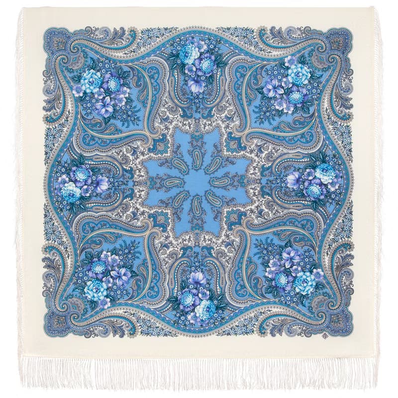 Pavlovo Posad Russian Shawl 100% Wool Scarf 125x125 cm Wrap Silk Fringe 1897-0