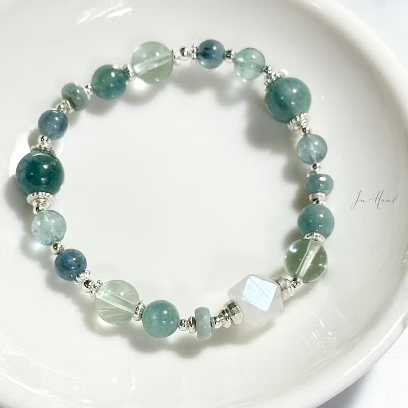 加勒比海月夜-月光石.藍晶石.螢石-純銀設計款手鍊