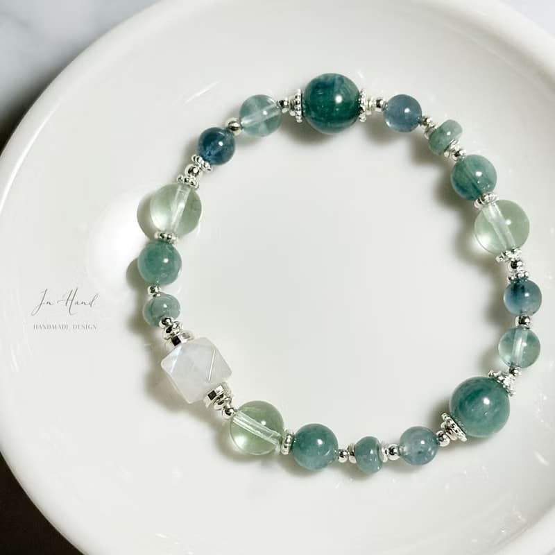 加勒比海月夜-月光石.藍晶石.螢石-純銀設計款手鍊