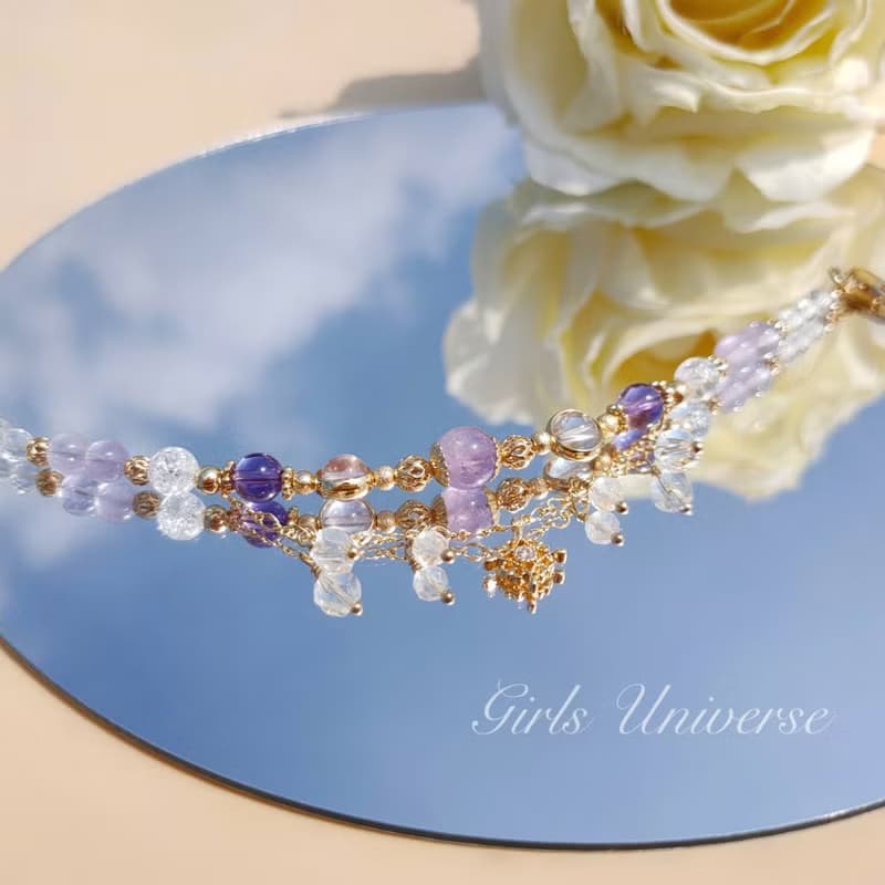 紫煙羅。薰衣草紫水晶 紫水晶 白水晶 14K包金 水晶礦石設計手鍊