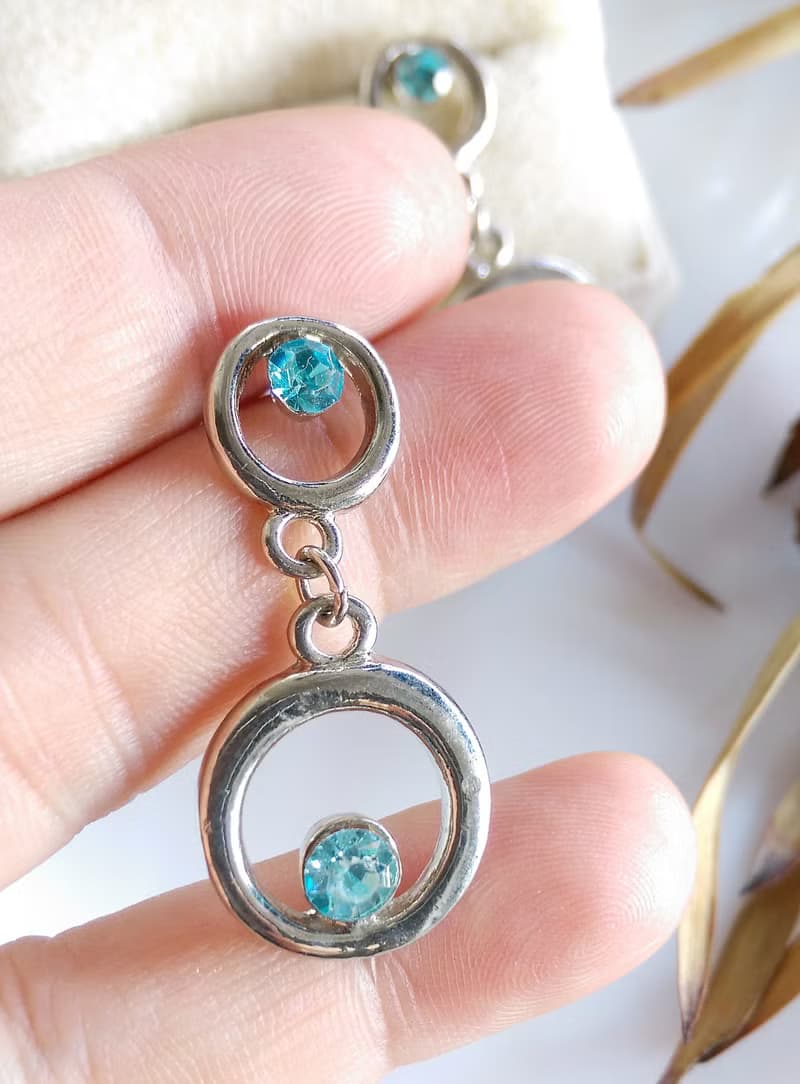 Vintage Jewelry 西洋古董飾品 銀色調 垂墜 沁藍 針式耳環
