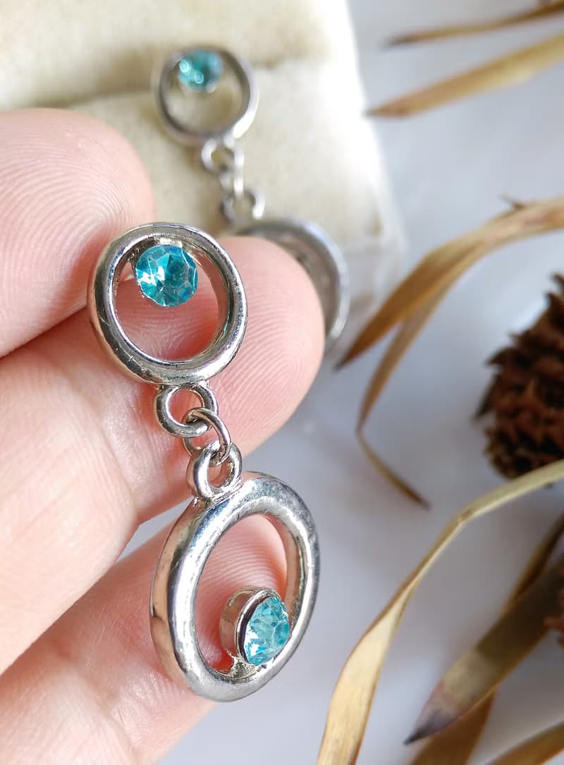 Vintage Jewelry 西洋古董飾品 銀色調 垂墜 沁藍 針式耳環