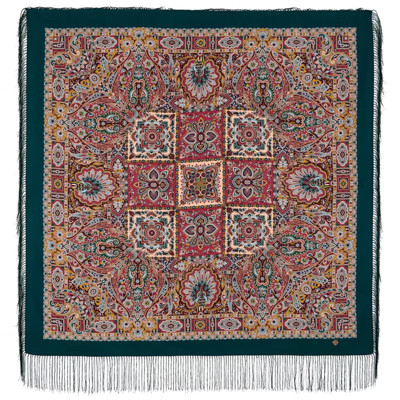 Original Pavlovo Posad Russian Shawl 100% Wool Woolen Scarf 110x110 cm 1805-12