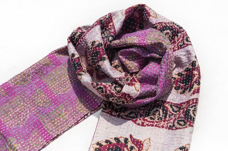 刺繡絲巾/絲綢刺繡圍巾/手縫紗麗線絲巾/印度絲綢刺繡圍巾-法式風