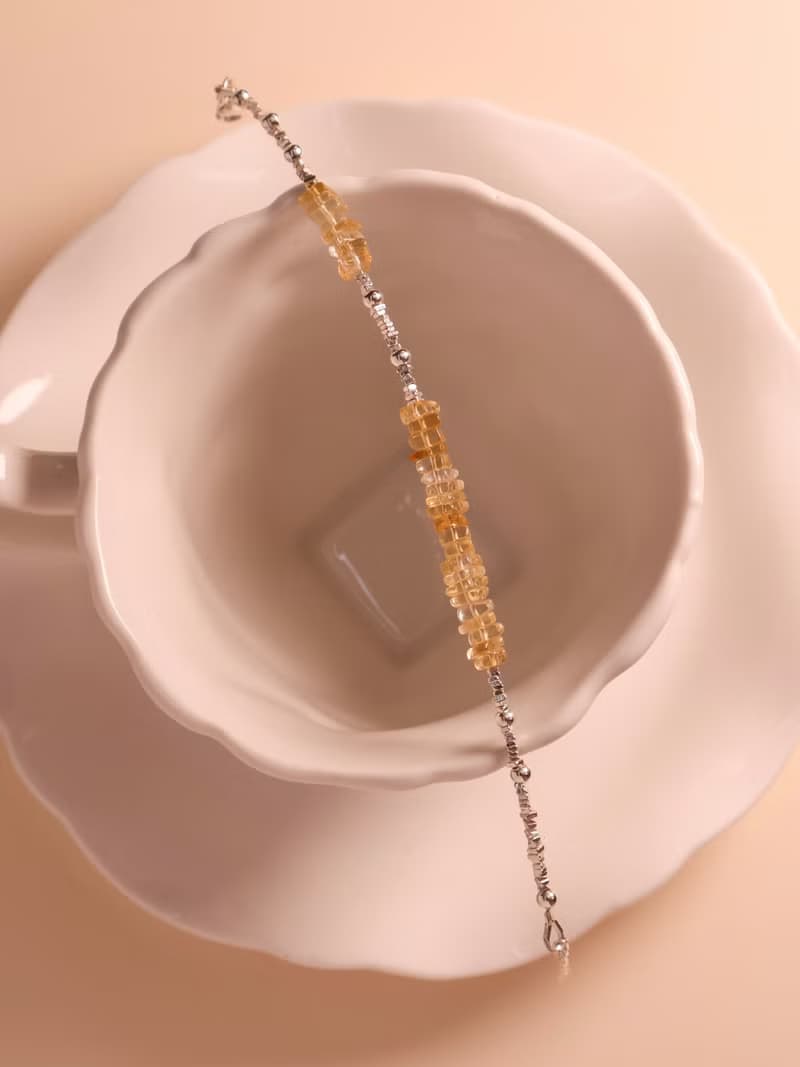 芒裡偷閒。黃水晶方片 Citrine S925純銀 時髦水晶手鍊