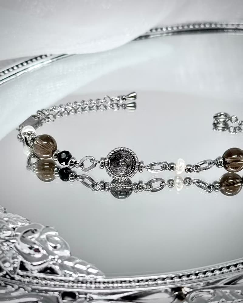 氣質蕾絲黑繃帶珍珠手鍊 - 醫療鋼/蕾絲黑髮晶/淡水珍珠/茶晶