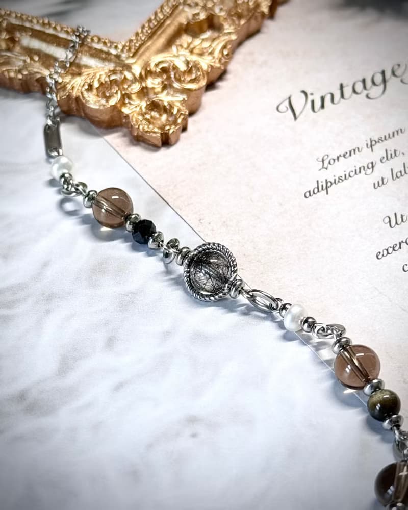 氣質蕾絲黑繃帶珍珠手鍊 - 醫療鋼/蕾絲黑髮晶/淡水珍珠/茶晶