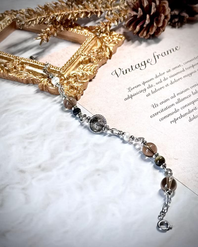 氣質蕾絲黑繃帶珍珠手鍊 - 醫療鋼/蕾絲黑髮晶/淡水珍珠/茶晶