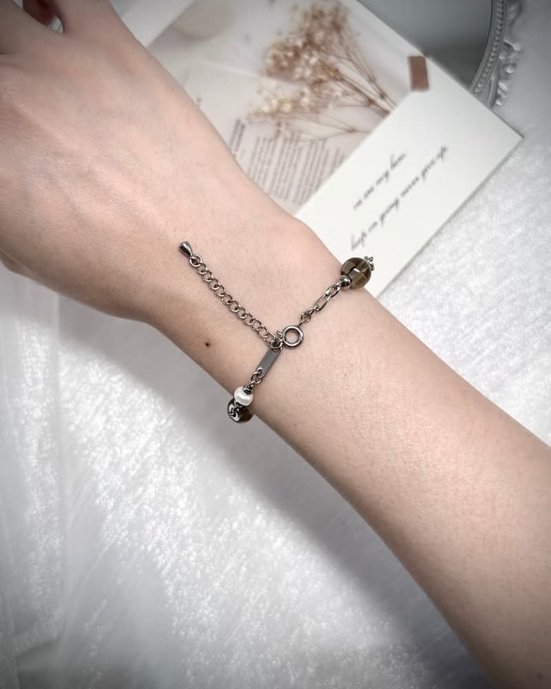 氣質蕾絲黑繃帶珍珠手鍊 - 醫療鋼/蕾絲黑髮晶/淡水珍珠/茶晶