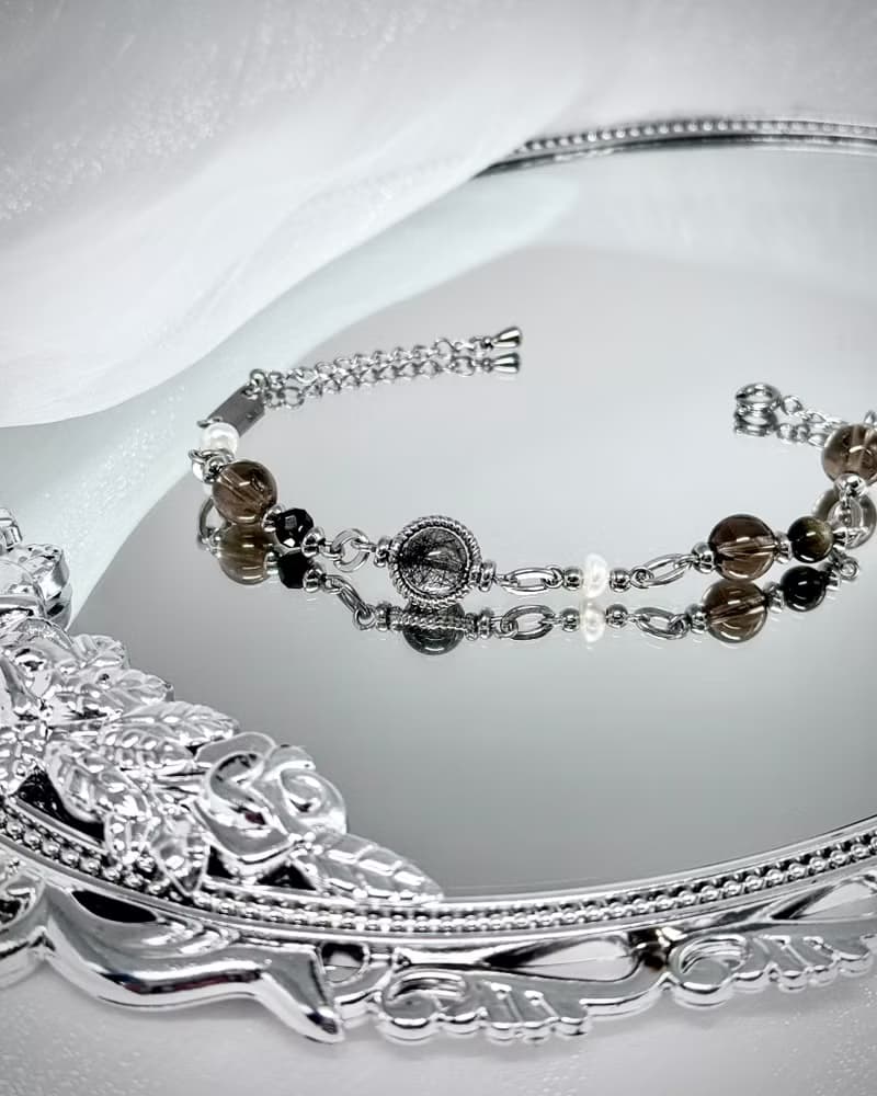 氣質蕾絲黑繃帶珍珠手鍊 - 醫療鋼/蕾絲黑髮晶/淡水珍珠/茶晶