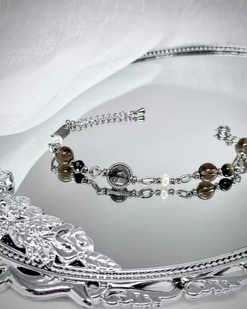 氣質蕾絲黑繃帶珍珠手鍊 - 醫療鋼/蕾絲黑髮晶/淡水珍珠/茶晶