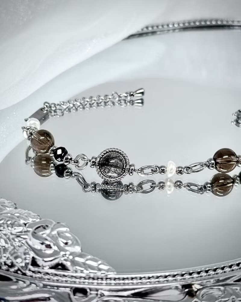 氣質蕾絲黑繃帶珍珠手鍊 - 醫療鋼/蕾絲黑髮晶/淡水珍珠/茶晶