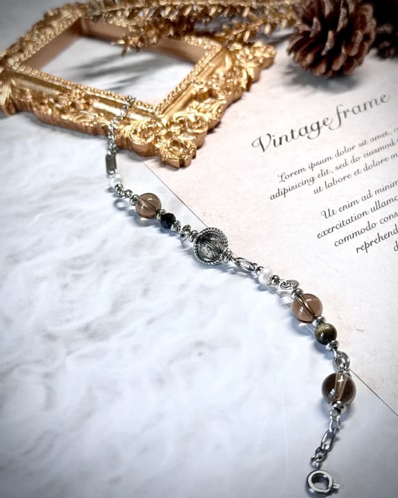 氣質蕾絲黑繃帶珍珠手鍊 - 醫療鋼/蕾絲黑髮晶/淡水珍珠/茶晶