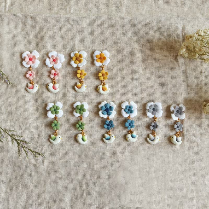 【鳥鳥花花】煙花花灰 小鳥軟陶耳環/耳夾 (單邊販售)