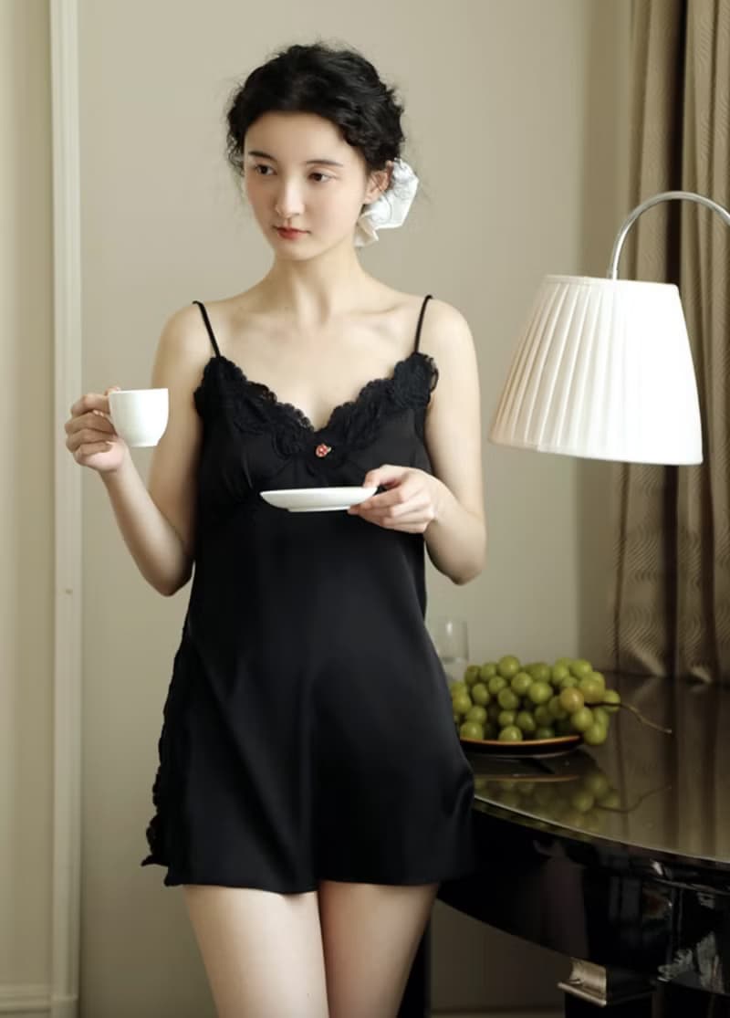 法式復古 性感真絲吊帶睡裙 蕾絲家居服