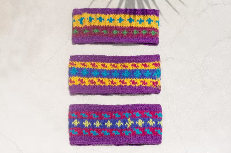 七夕禮物 限量手工 / 手工羊毛編織繽紛髮帶/ 純羊毛編織髮帶 / boho headband / 花朵鉤織髮帶 / 內刷毛髮帶 / 針織髮帶 - 紫色系條紋