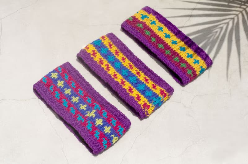 七夕禮物 限量手工 / 手工羊毛編織繽紛髮帶/ 純羊毛編織髮帶 / boho headband / 花朵鉤織髮帶 / 內刷毛髮帶 / 針織髮帶 - 紫色系條紋