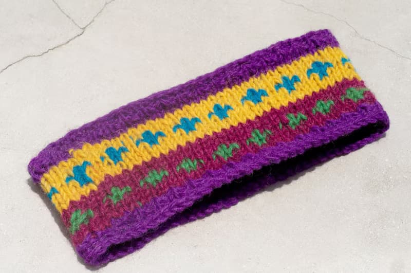 七夕禮物 限量手工 / 手工羊毛編織繽紛髮帶/ 純羊毛編織髮帶 / boho headband / 花朵鉤織髮帶 / 內刷毛髮帶 / 針織髮帶 - 紫色系條紋