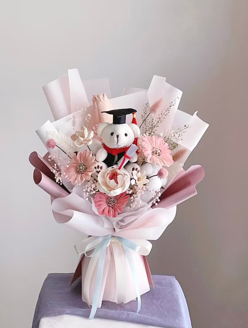 【不凋花乾燥花】粉色畢業小熊花束