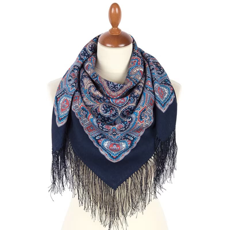 Pavlovo Posad Russian Shawl 100% Wool Scarf Wrap Silk Fringe 125x125 cm 2006-14