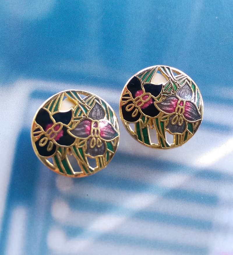 【西洋古董飾品 】景泰藍 雙朵百合花卉 夾式耳環