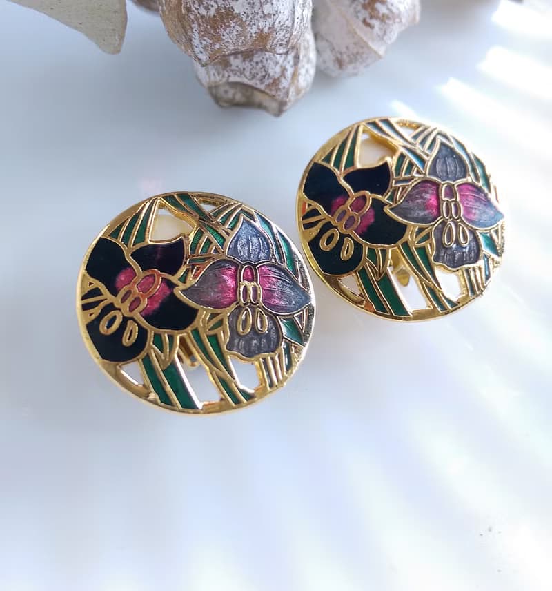 【西洋古董飾品 】景泰藍 雙朵百合花卉 夾式耳環