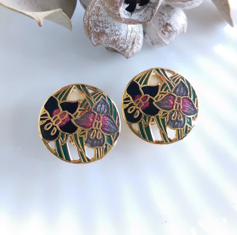 【西洋古董飾品 】景泰藍 雙朵百合花卉 夾式耳環