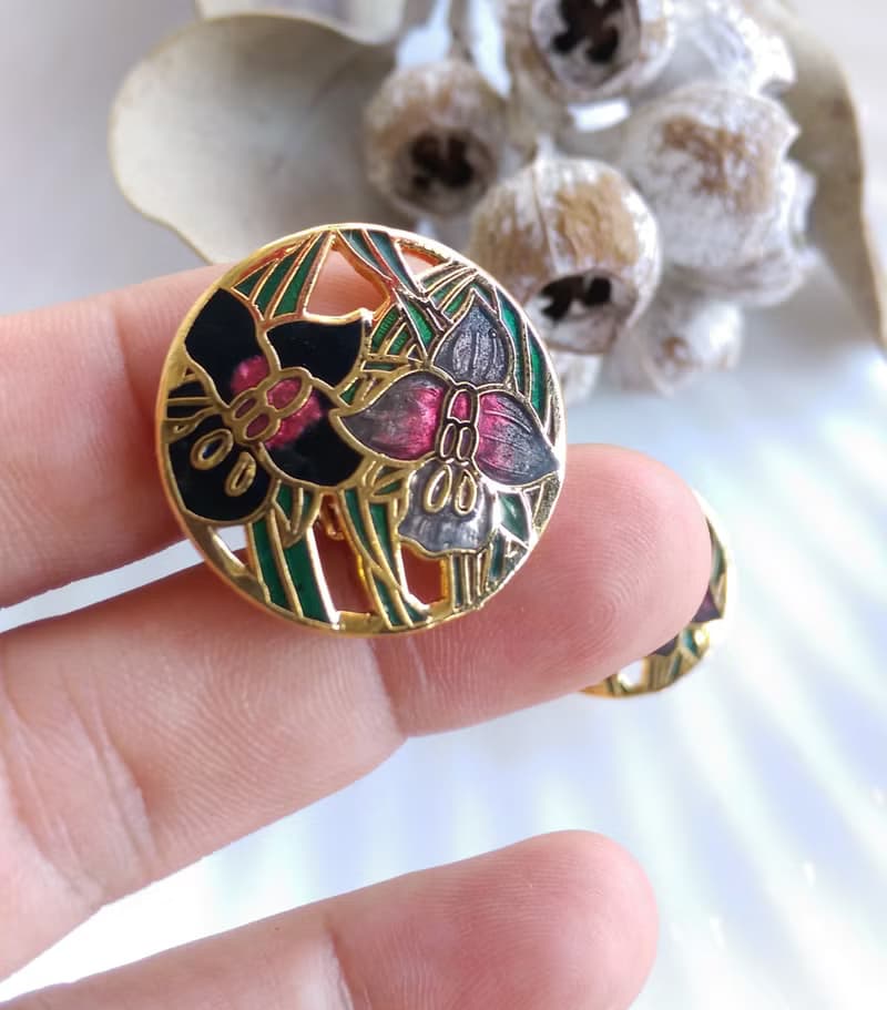 【西洋古董飾品 】景泰藍 雙朵百合花卉 夾式耳環