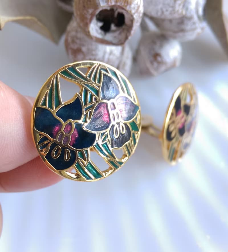 【西洋古董飾品 】景泰藍 雙朵百合花卉 夾式耳環