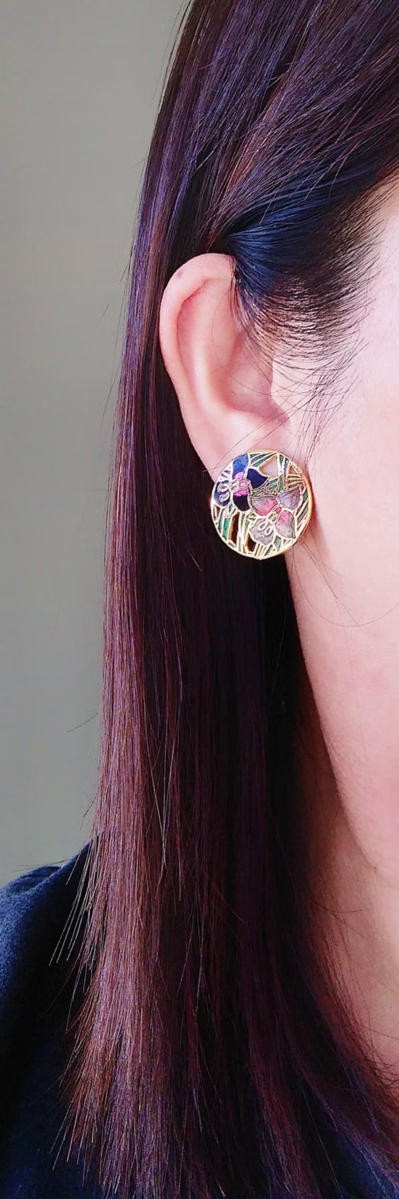 【西洋古董飾品 】景泰藍 雙朵百合花卉 夾式耳環