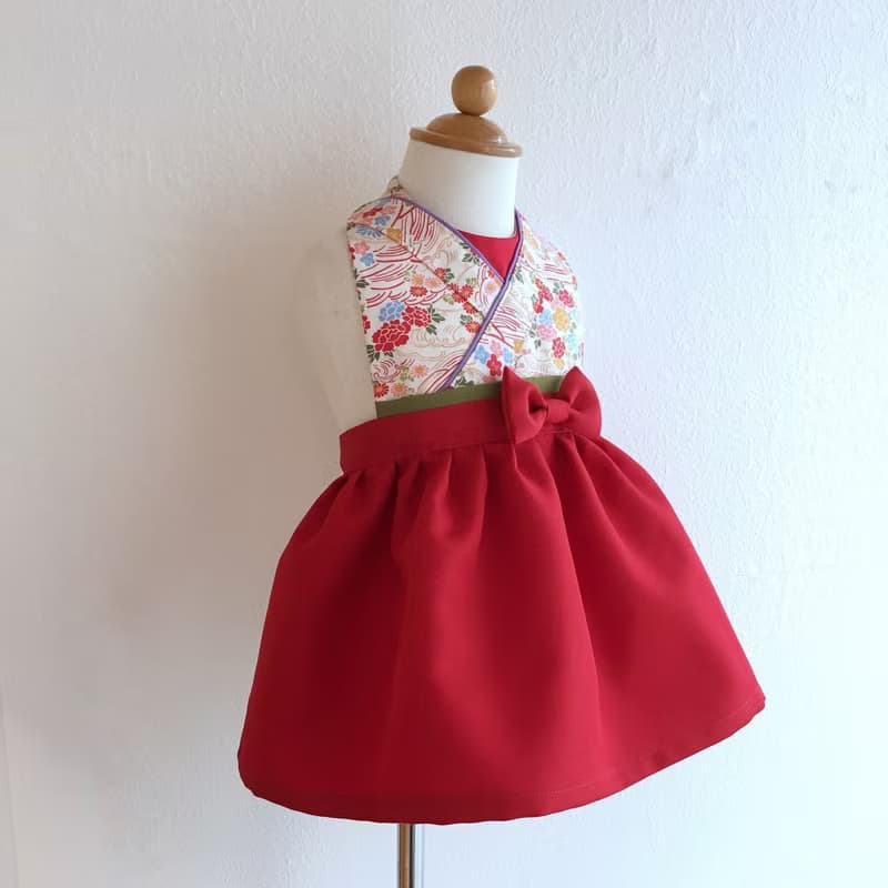 Kawaii Kimono Bib Dress(日本和服圍兜) - 和小花 - Red